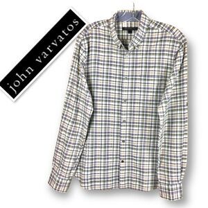 JOHN VARVATOS Slim Fit Blue Plaid Long Sleeve Sport Shirt Button Collar Size S